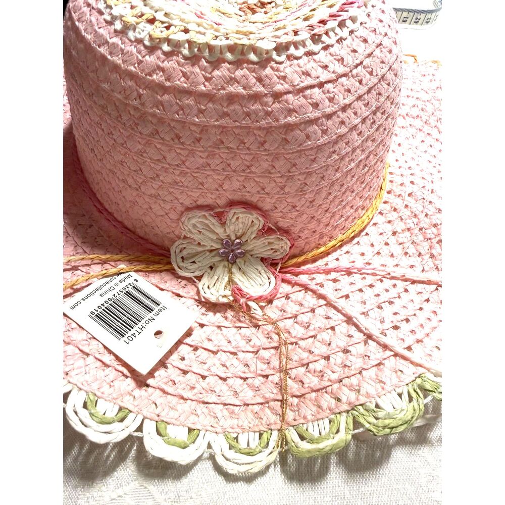 NWT CutieCollection Summer Easter Straw Hat 20" Pink White Girls Sz 3T-5T
